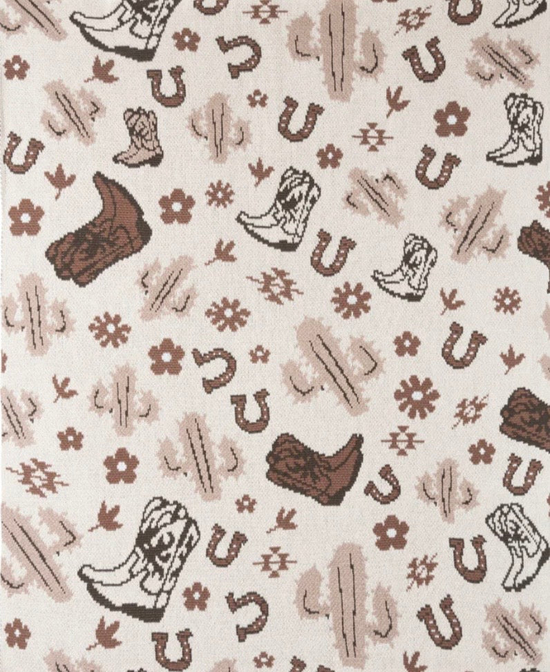 Cowboy-Cowgirl Themed Throw Blanket with Boots, Cactus and Horseshoe PrintWestern