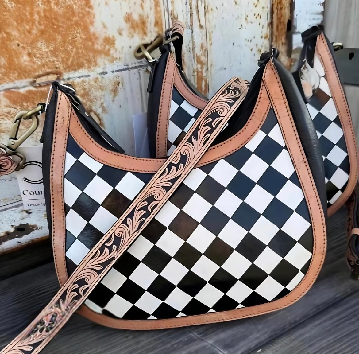 Black & White Checkered Leather Handbag