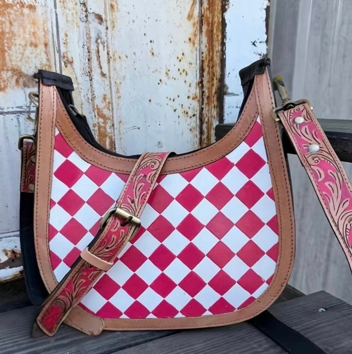 Pink & White Checkered Leather Handbag