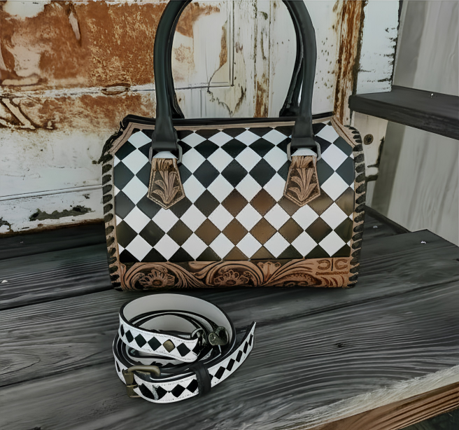 Black & White Tooled Leather Speedy Bag With Detachable adjustable shoulder strap